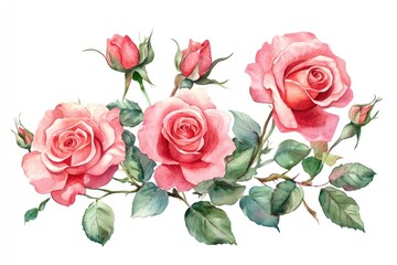 A beautiful arrangement of pink roses is depicted in watercolor, featuring soft petals and lush green leaves against a plain white backdrop, exuding elegance