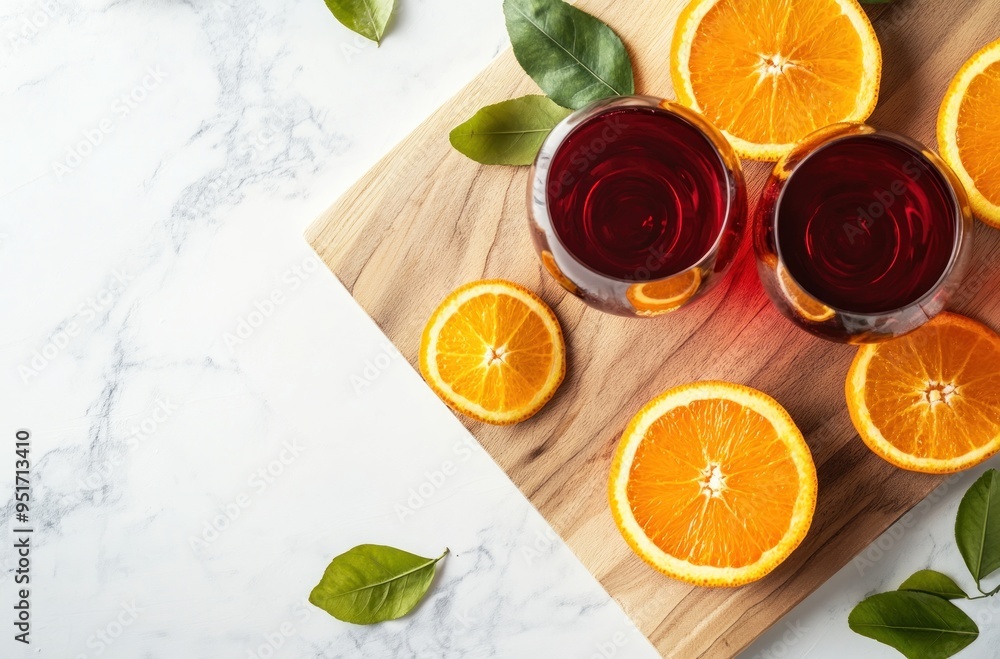 Poster Refreshing Orange and Wine on a Wooden Board