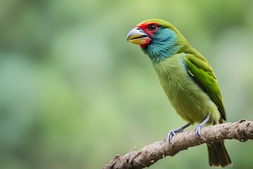 Obraz premium Green barbet bird blurry nature background, Ai Generated