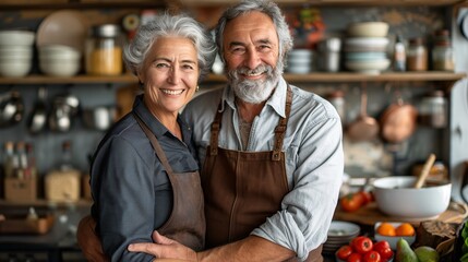 A happy elderly couple embracing in a cozy kitchen, both wearing aprons. The woman has gray hair and the man has a beard. The kitchen is filled with various cooking utensils and fresh ingredients.