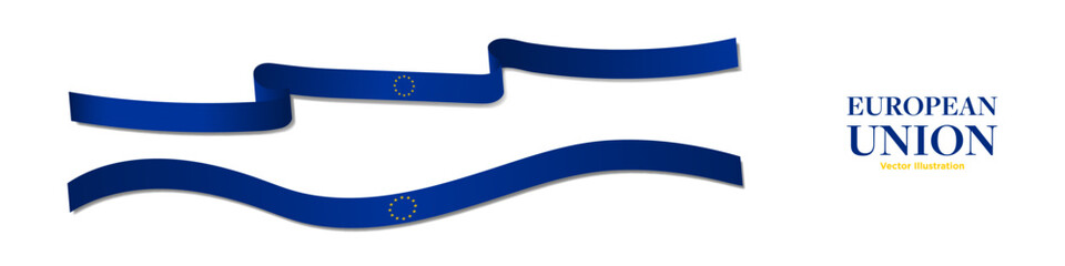 3d Horizontal European Union Flag Ribbons with shadows, isolated on white background. EU lag Curled and rendered in perspective. EU lag band. Editable Vector Illustration.
