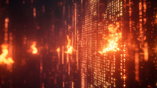 digital firewall cybersecurity security attack hack hacker code binary Flames protection cyber threats virus technology defense concept security computer system internet web protect
