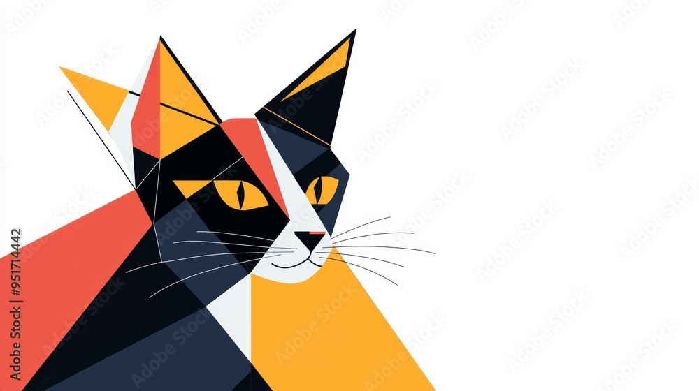 Poster abstract cubist cat with a goofy face, featuring sharp angles and bold geometric patterns, isolated 