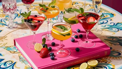 Alcohol drinks with mint and fruits on pink book on table