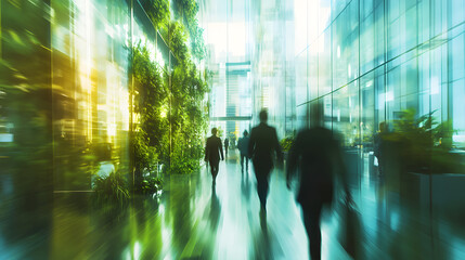 Abstract long exposure motion crowd business people walking commercial centre corporate green office in modern city lobby. Green sustainability natural light indoor plants garden environment