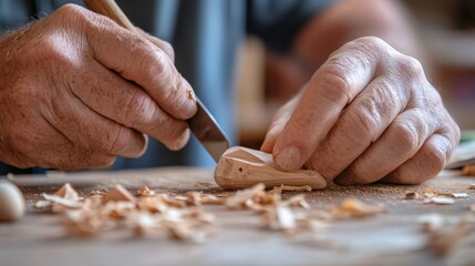 Obraz premium Hands Whittling Small Wooden Figurine with Carving Knife