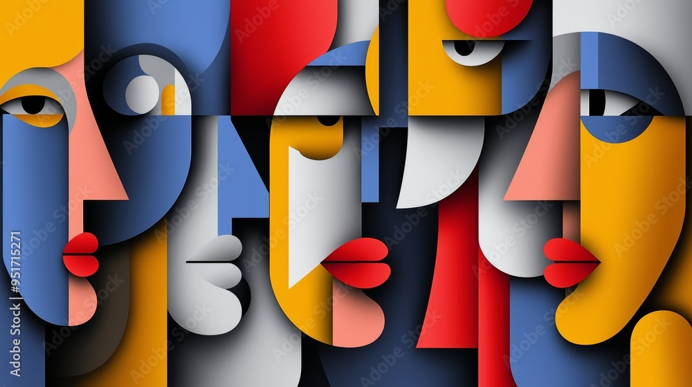Poster colorful cubist artwork depicting a series of abstract faces with geometric forms and vivid, overlap