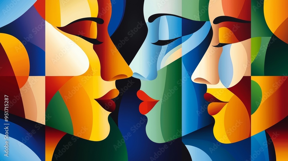 Poster colorful cubist artwork depicting a series of abstract faces with geometric forms and vivid, overlap