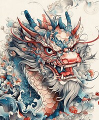 Fototapeta premium A vibrant, stylized dragon with intricate details and swirling clouds.