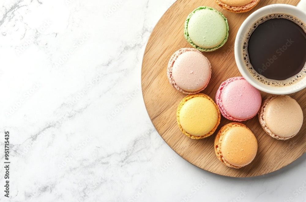 Poster Coffee and Macarons on a Wooden Board