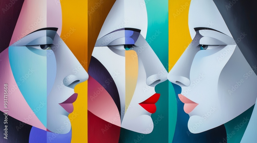 Poster cubist painting with multiple abstract faces, rendered in a kaleidoscope of colors and intersecting 