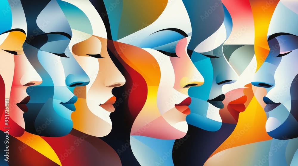 Aufkleber cubist painting with multiple abstract faces, rendered in a kaleidoscope of colors and intersecting 
