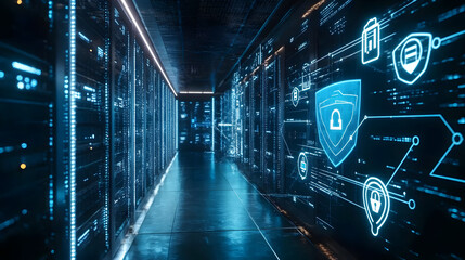 digital illustration of cybersecurity and data centre protection. Shield icon with a padlock symbol neon lights. Science technology server room circuit abstract business finance cyber security hacker