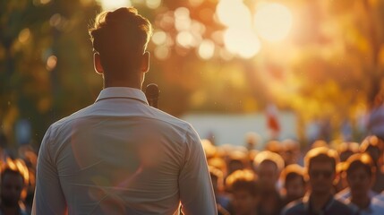 politician giving a passionate outdoor speech to a crowd of supporters political party rally leadership concept