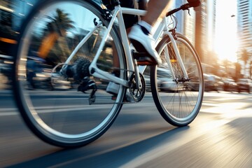 Fototapeta premium A cyclist wearing white socks and black shoes rides a white bicycle at high speed through an urban environment with a motion blur effect, capturing the essence of city life.