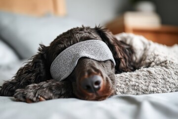 A cute dog with curly fur sleeps peacefully on a cozy blanket, wearing a gray eye mask, capturing a sense of relaxation and comfort in a serene indoor setting.