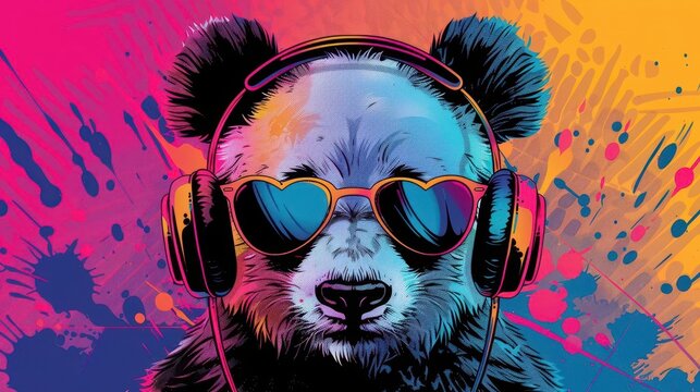 pop art portrait of a technicolor panda wearing retro headphones and heartshaped sunglasses bold graphic style with halftone patterns and electric neon accents on a comic book backdrop