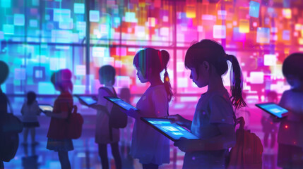 Group of diverse children wearing safety goggles, engaged in a science experiment with colorful lights in a dark room