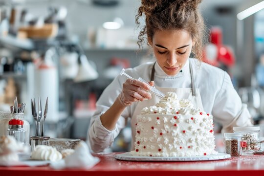 A woman focuses intently on decorating a cake with intricate designs in a professional kitchen, displaying precision, skill, and artistry in the culinary arts.