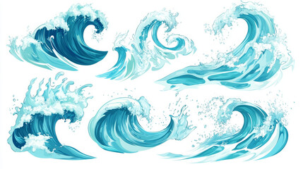 Set of ocean or sea waves, surf, and splashes curling and breaking in a vibrant turquoise blue. Vector illustration for marine and nautical-themed concepts, against a white background.