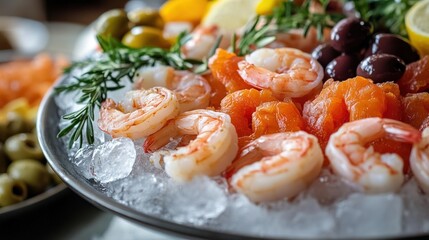 
A platter of shrimp on ice, with olives and other hors d'oeuvres in the background