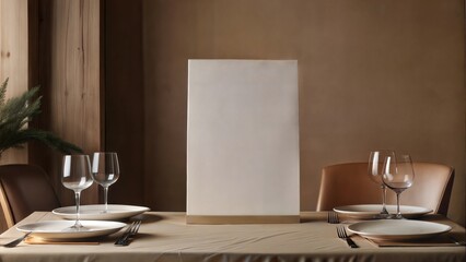 Obraz premium Clipart menu mockup on a wooden table with elegant tableware and minimalistic decor.Blank white menu template for cafes and restaurants
