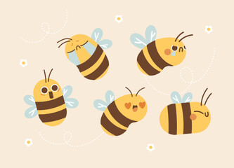 Cute Bee Expression Illustration Character Collection. Isolated Flat Vector Style.