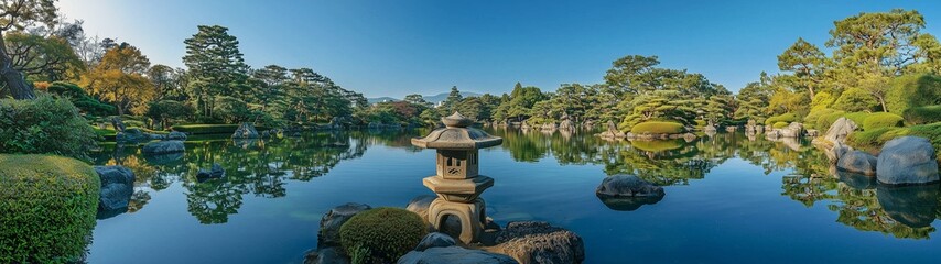 Fototapeta premium A wide-angle shot of a serene Japanese garden featuring a stone structure by a reflective pond, surrounded by lush vegetation.