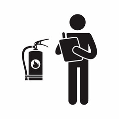 Black and white stick figure of a person conduct safety inspection for fire extinguisher vector illustration. Industrial standard and procedure for periodical checking of fire prevention facility.