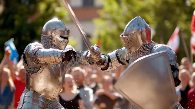 A Dynamic Scene of Two Armored Knights Engaged in a Buhurt Duel with Metal Armor Glinting in the Sunlight