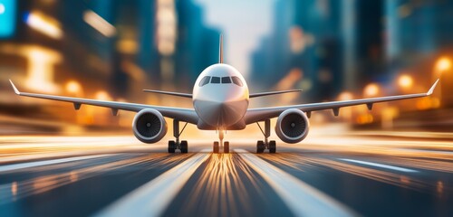 Fototapeta premium A Fast Airplane with a Blurred Cityscape Background and Speed Motion Effect