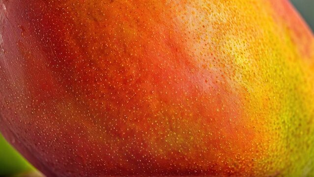 Close-up of a ripe mango with a vibrant red, orange, and yellow skin. The texture of the skin is visible, with tiny dots and a slight sheen.