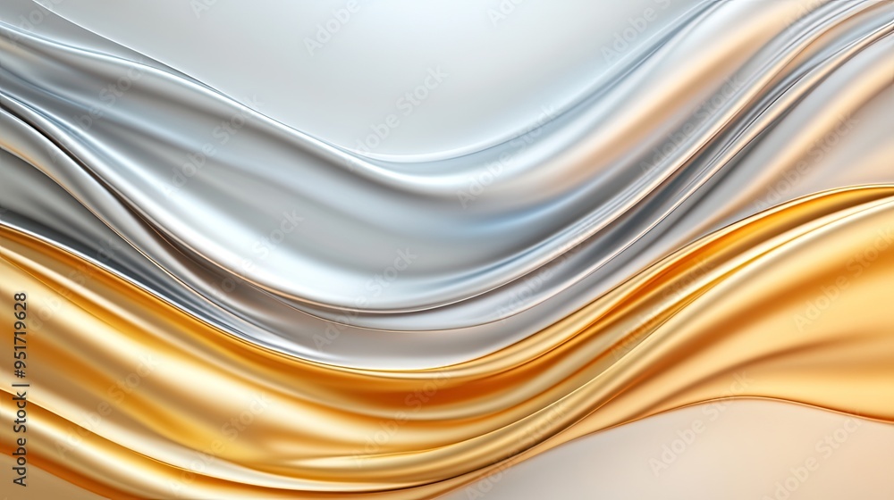 Poster elegant fabric waves in silver and gold tones, creating a luxurious and dynamic visual texture for b