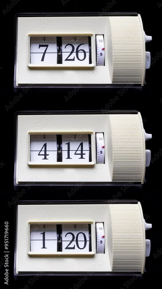 Poster retro analogue flip clock in stop motion in vertical