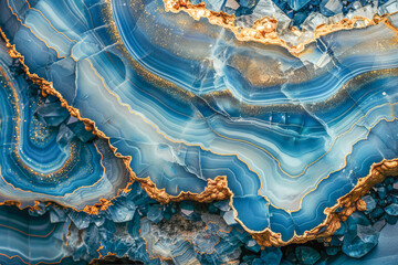 Abstract blue agate stone texture with golden veins creating wavy pattern
