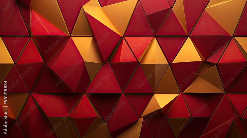 Poster Elegant geometric pattern featuring red and gold triangular shapes, ideal for modern design projects and backgrounds.