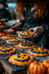 Fresh Halloween pumpkin shaped cookies. Female baker baking fresh Halloween cookies. Bakery. Bake. Cookies.	Pumpkin.
