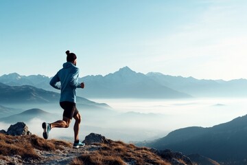 Fototapeta premium A man in a blue hoodie is running on a rugged mountain trail with a scenic view of misty mountains and a deep valley under a clear sky, showcasing endurance and freedom.