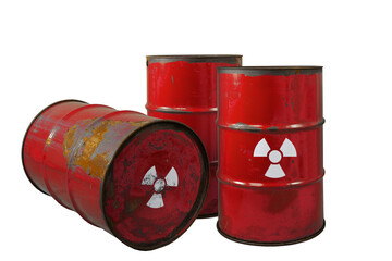 Red barrel with radioactive waste. Nuclear warning sign. Rusty dangerous barrel with radionuclide, hazardous toxins on isolated background