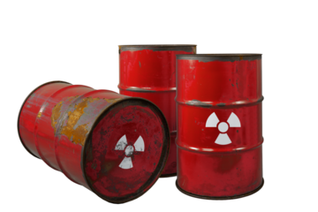 Red barrel with radioactive waste. Nuclear warning sign. Rusty dangerous barrel with radionuclide, hazardous toxins on isolated background