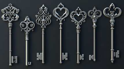 Ornamental medieval vintage keys featuring intricate forging, with fleur-de-lis elements, Victorian leaf scrolls, and heart-shaped swirls.