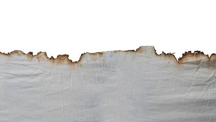 Decayed fabric with a burnt edge on an isolated background. Halloween horror background blank template with empty copy space.