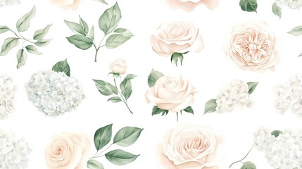 Seamless pattern with watercolor painted blush pink roses, hydrangeas, and green leaves on white background.