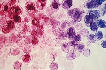 Abstract background of purple and pink watercolor circles on a white background.