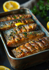Grilled trout fillets with lemon garnish on a cooking tray. Freshly grilled trout fillets are served in a tray, garnished with lemon slices and herbs for a vibrant presentation.