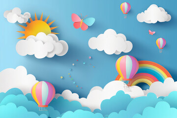 Beautiful fluffy clouds on blue sky background with summer sun