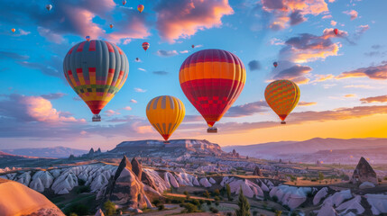 Obraz premium Colorful hot air balloons flying over mountain