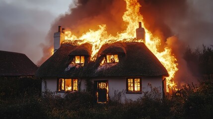 A thatched cottage engulfed in flames, showcasing a dramatic fire scene.