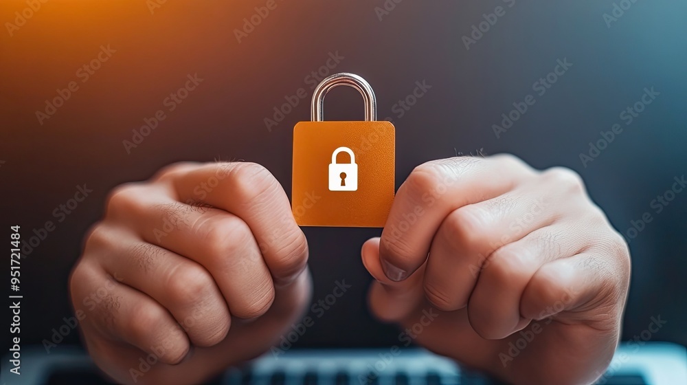Poster hands holding a padlock symbolizing data security and protection in a digital environment.