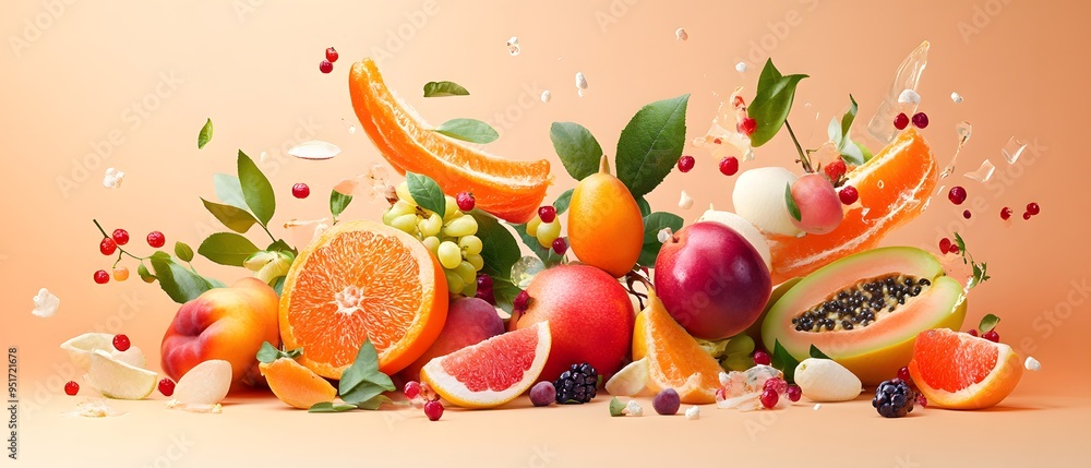 Wall mural Fresh Fruit Splash on Peach Background.